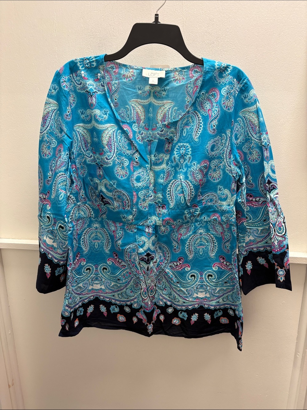 LOFT Turquoise Paisley V-Neck Tunic with Navy Trim